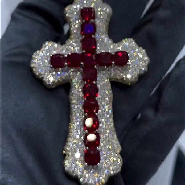 2.90Ct Round Lab Created Red Ruby Cross Religious Pendant 14K White Gold Plated