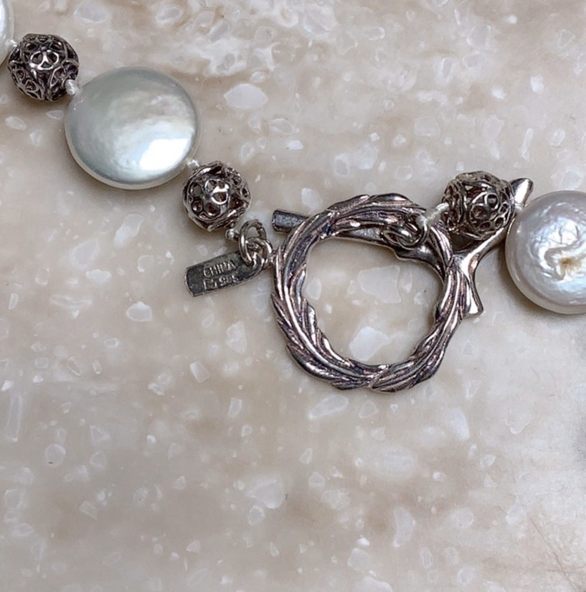 925 Silver & Coin Pearl Necklace Toggle Clasp 18 Inches NWOT