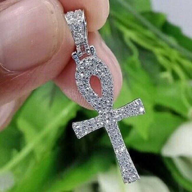 1.60Ct Round Lab Created Diamond Ankh-Cross Shape Pendant 14k White Gold Plated
