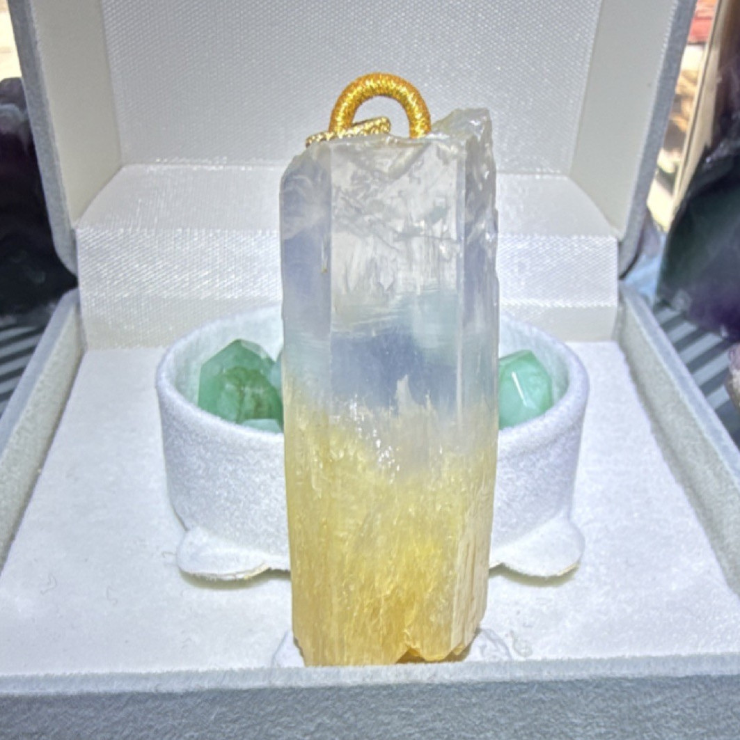 Yellow mango quartz & Clear Crystal Point Pendant Specimen w/ 18k Gold bail