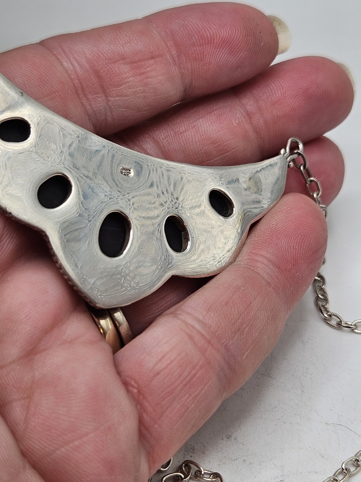 Sterling Silver Bib Style Necklace With 5 Oval Bezel Set Opals. 20″ Marked. 925.