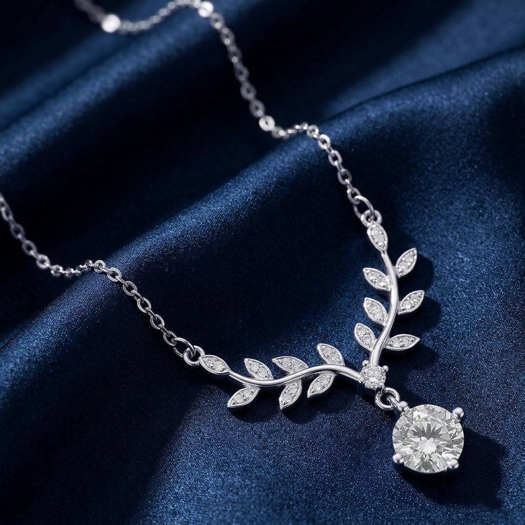 925 Sterling Silver 14K White Gold Plated Bridal Leaf Vine Solitaire Necklace