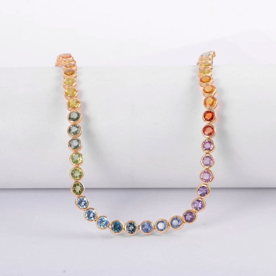 Rainbow Sapphire Tennis Necklace Solid 14kYellow Gold Layering Colorful Necklace