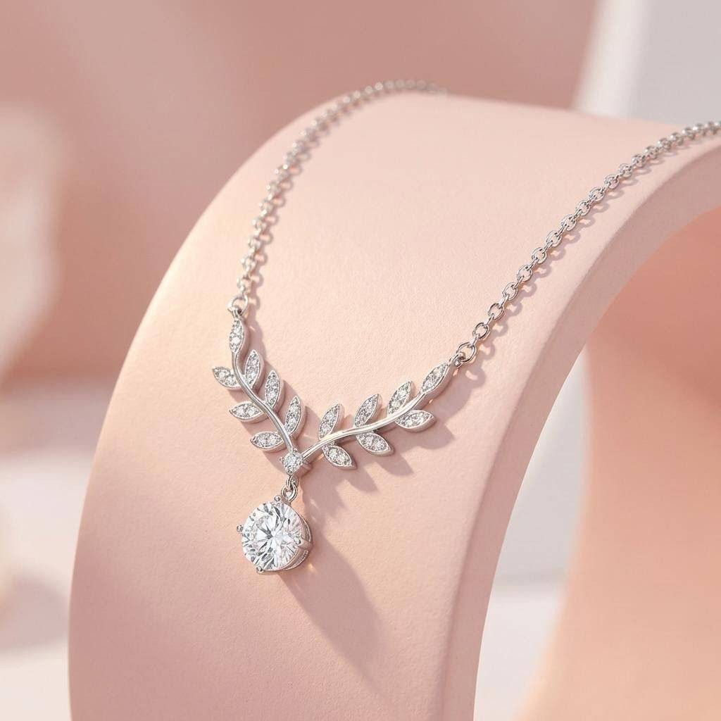 925 Sterling Silver 14K White Gold Plated Bridal Leaf Vine Solitaire Necklace