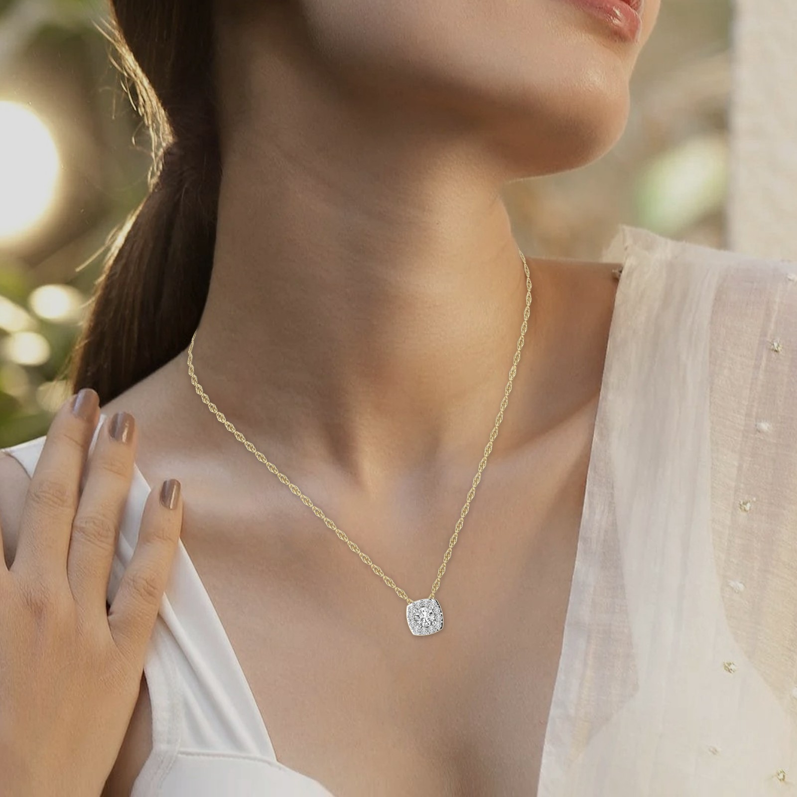 0.15 Ct Cut Halo Diamond Pendant Solid 10K Yellow Gold With 18″ Chain Necklace