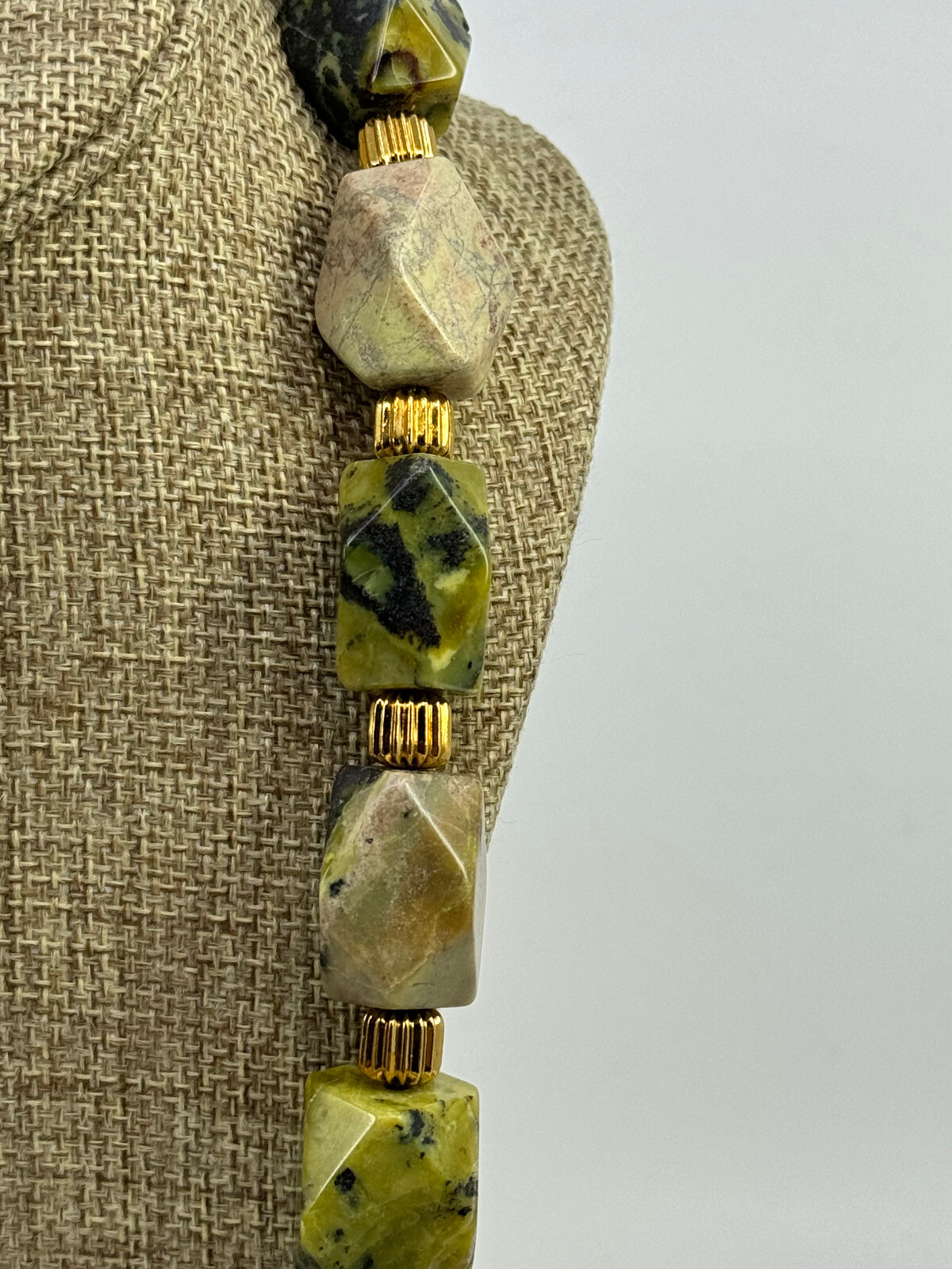 Statement 10 mm Hexagon Ocean Jasper and Gold Tone Bead Necklace 24 Inch