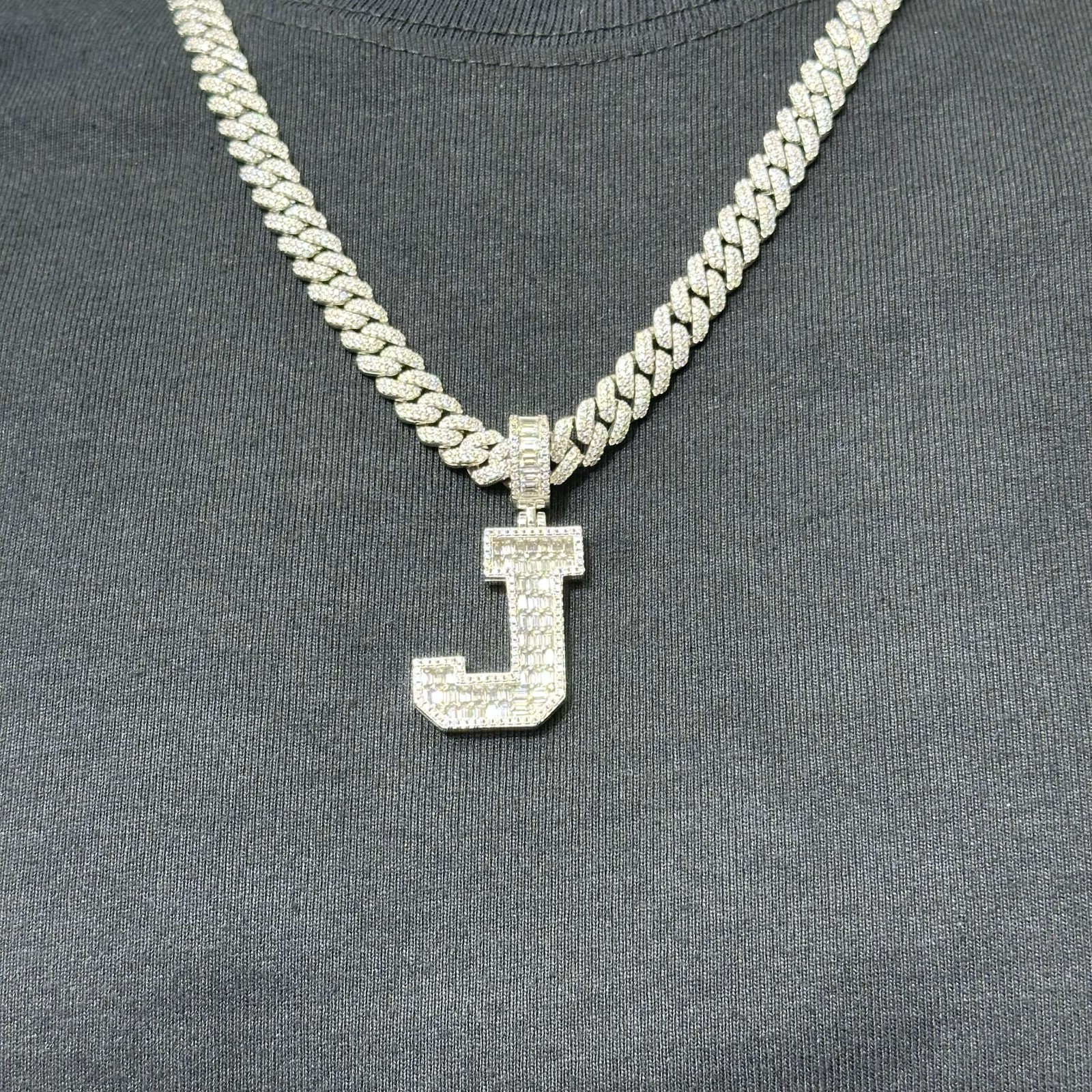 MOISSANITE 925 LAB Baguette Style J initial Letter Charm Pendant for Male Female