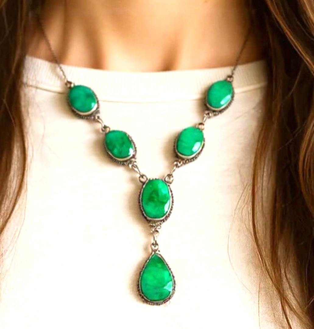 925 Sterling Silver Faceted Raw Emerald Y Drop Necklace 16-17″ 26.94 Grams