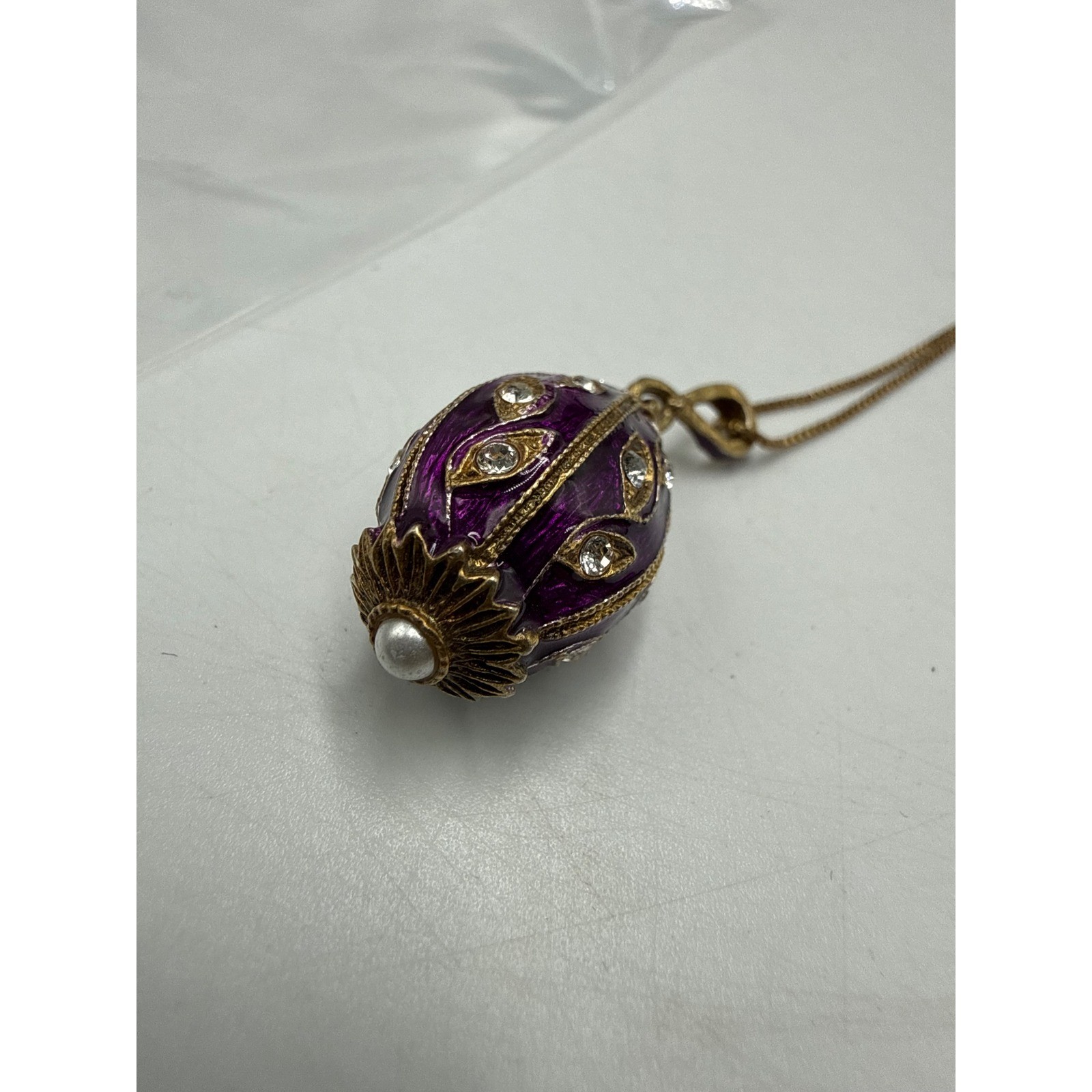 Sterling Silver Purple Enamel Egg Pendant Necklace Gold Tone Crystal Pearl 21in