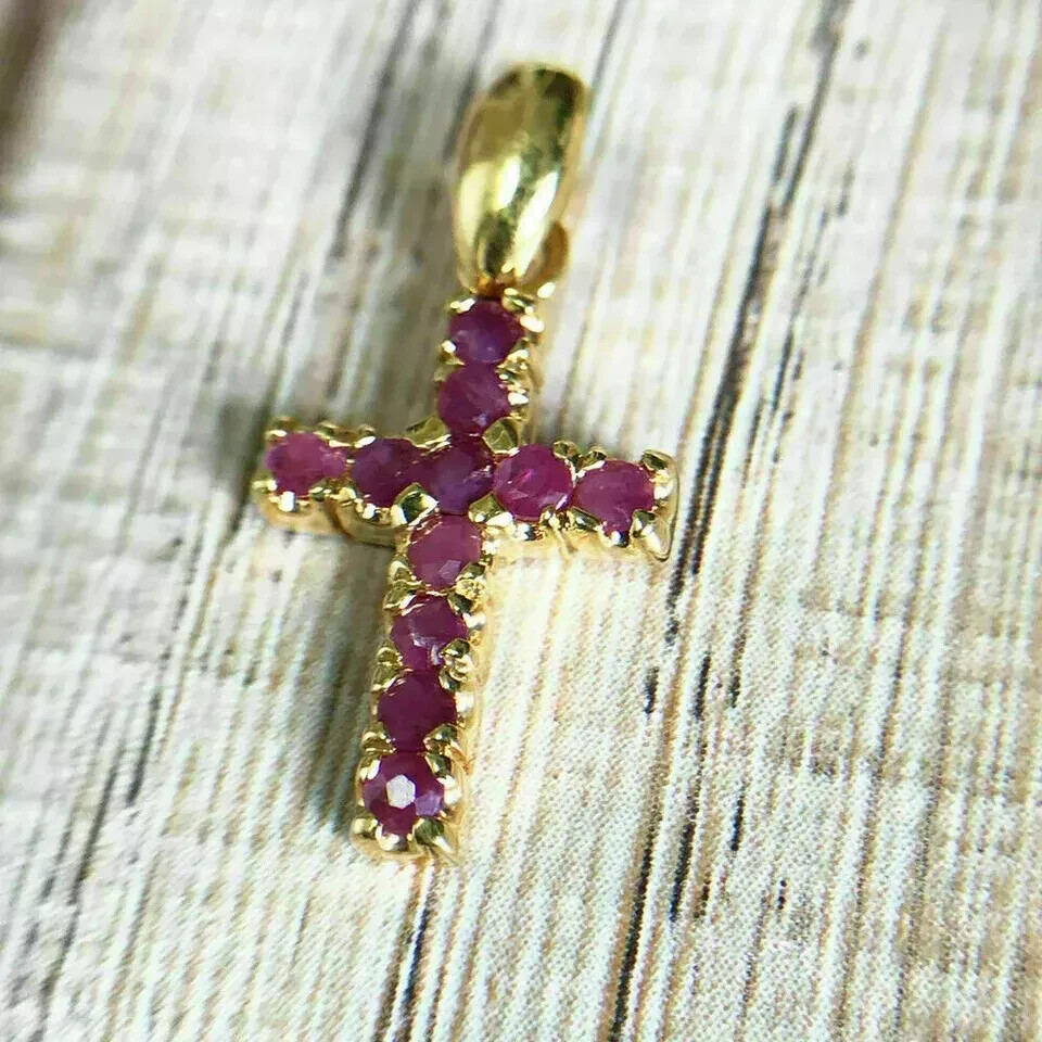 1.00Ct Round Cut Red Ruby Cross Pendant 14K Yellow Gold Finish Free Chain