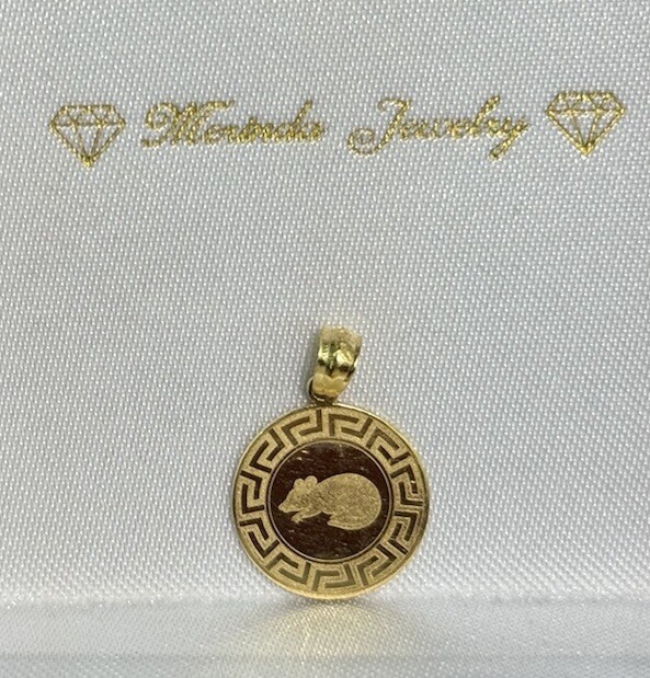 18k Solid Gold Zodiac Sign Rat Mouse Kid Adult Round Charm Pendant, 1.61 Grams