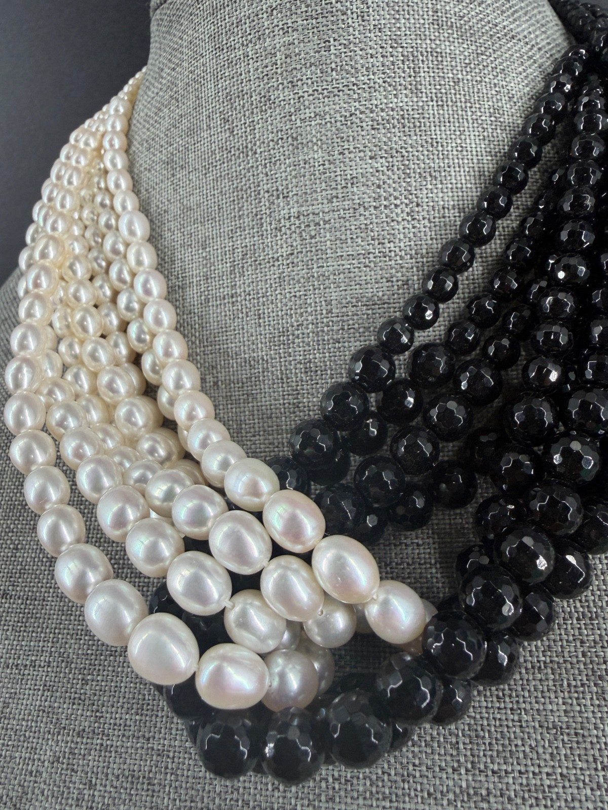 Honora Pearl Knot Necklace Multi Strand Black White Sterling 925 Statement