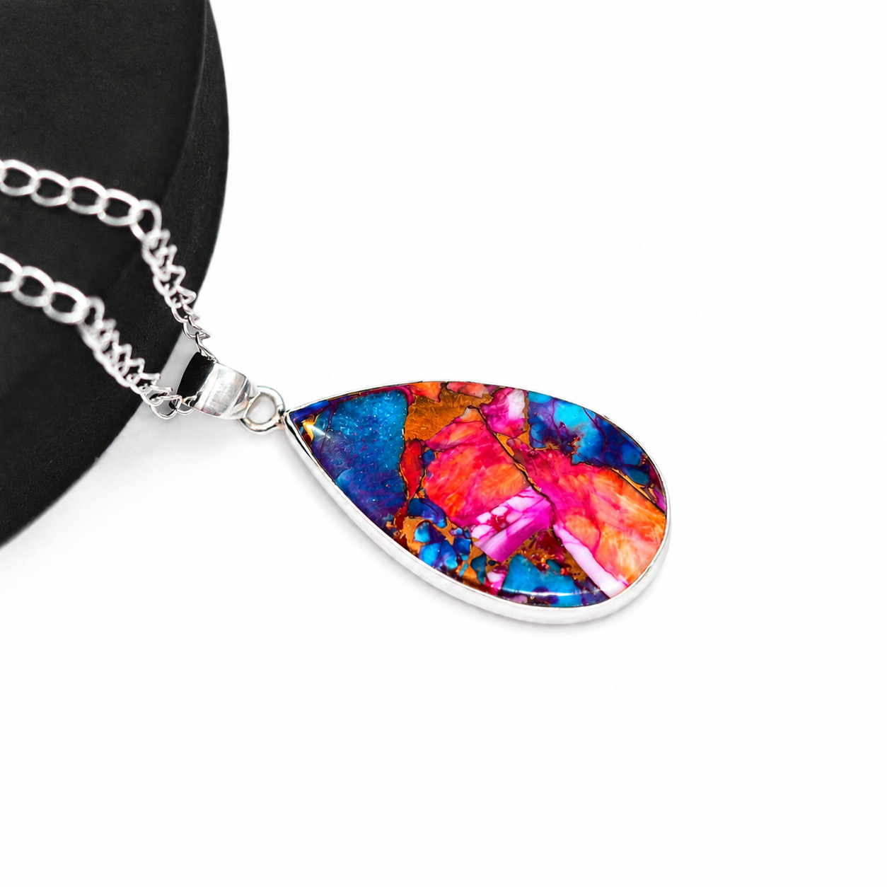 Kingman Oyster Turquoise Teardrop Pendant Necklace 925 Sterling Silver