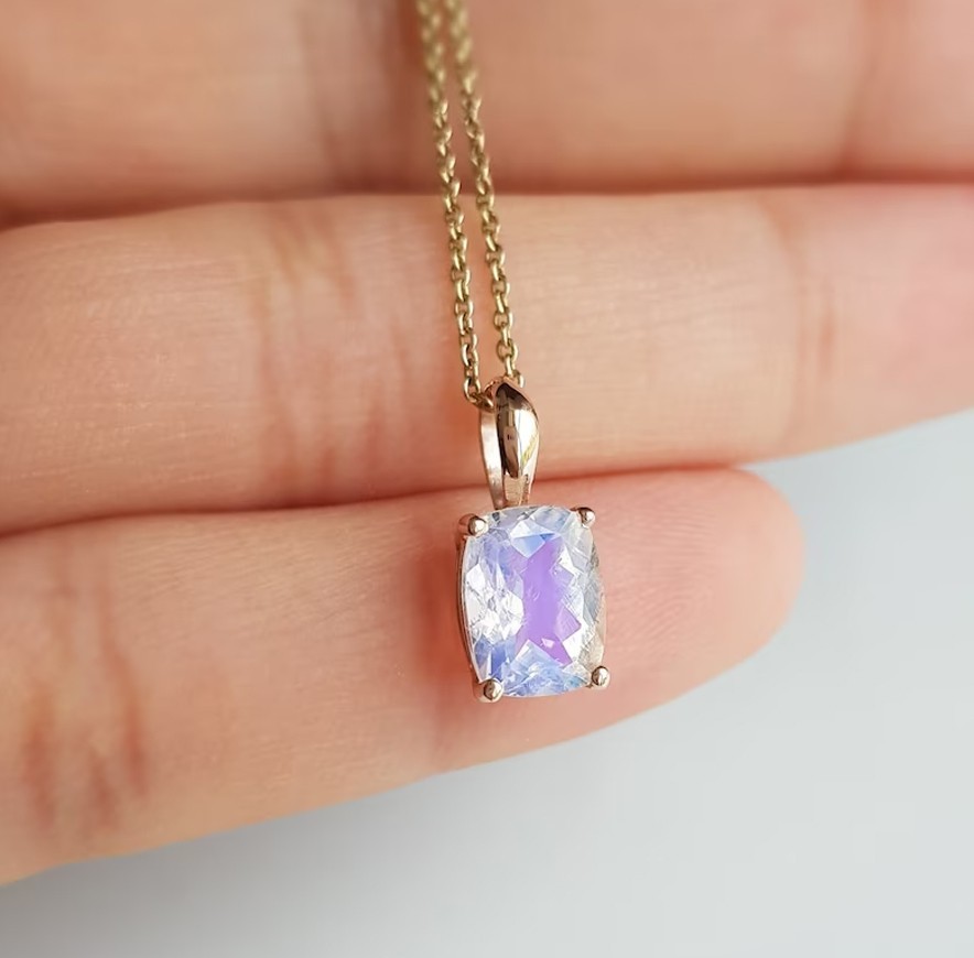 Solitaire Cushion Cut Moonstone Charm Pendant In 14k Gold June Birthstone Charm