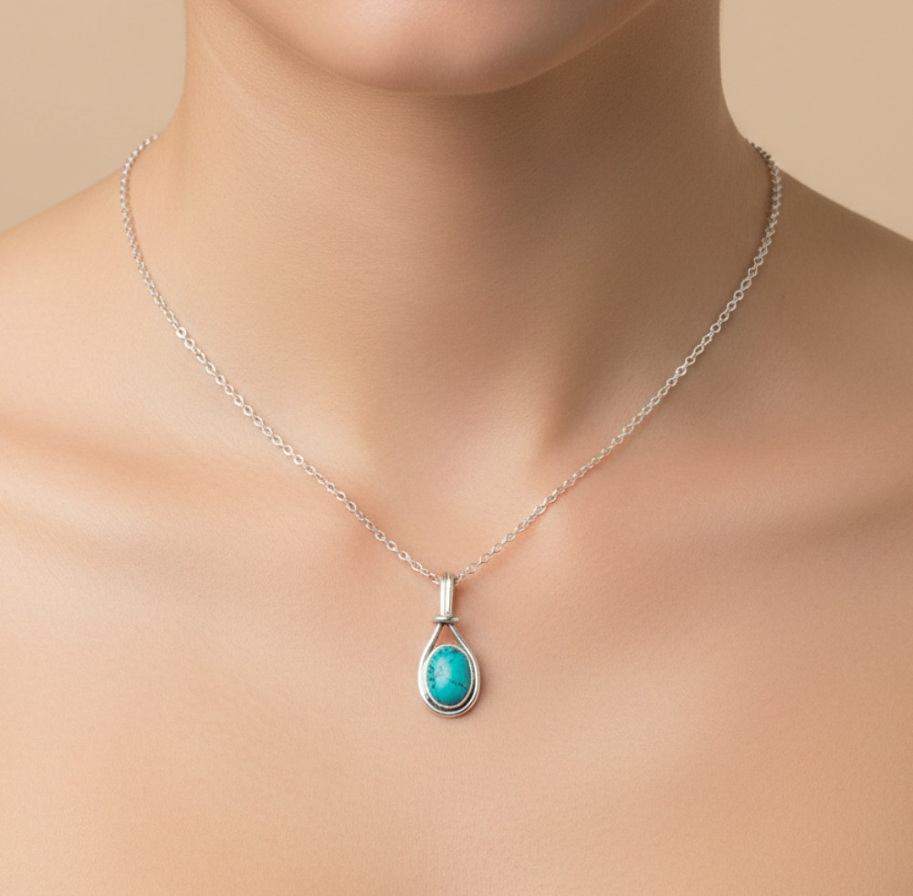 925 Solid Sterling Silver Blue Turquoise Chain Pendant-18.7 Inch