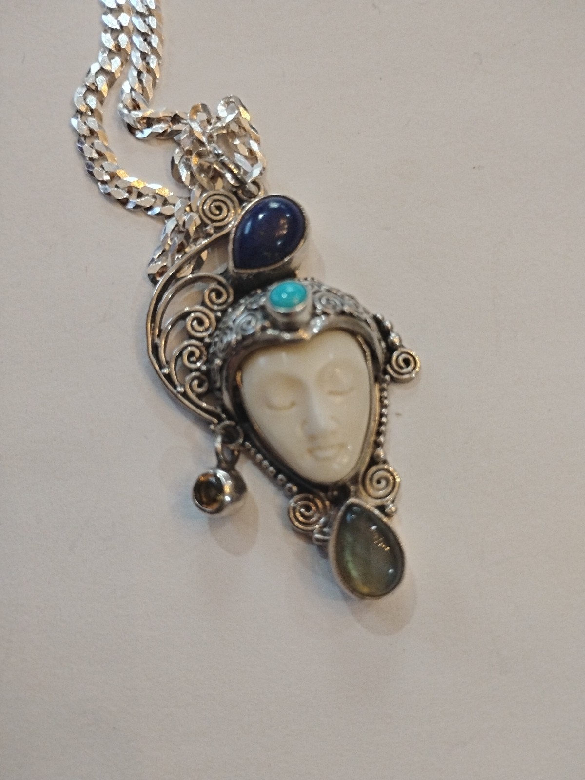 SAJEN BALI CARVED FACE NECKLACE 16-IN MULTIPLE GEMSTONE