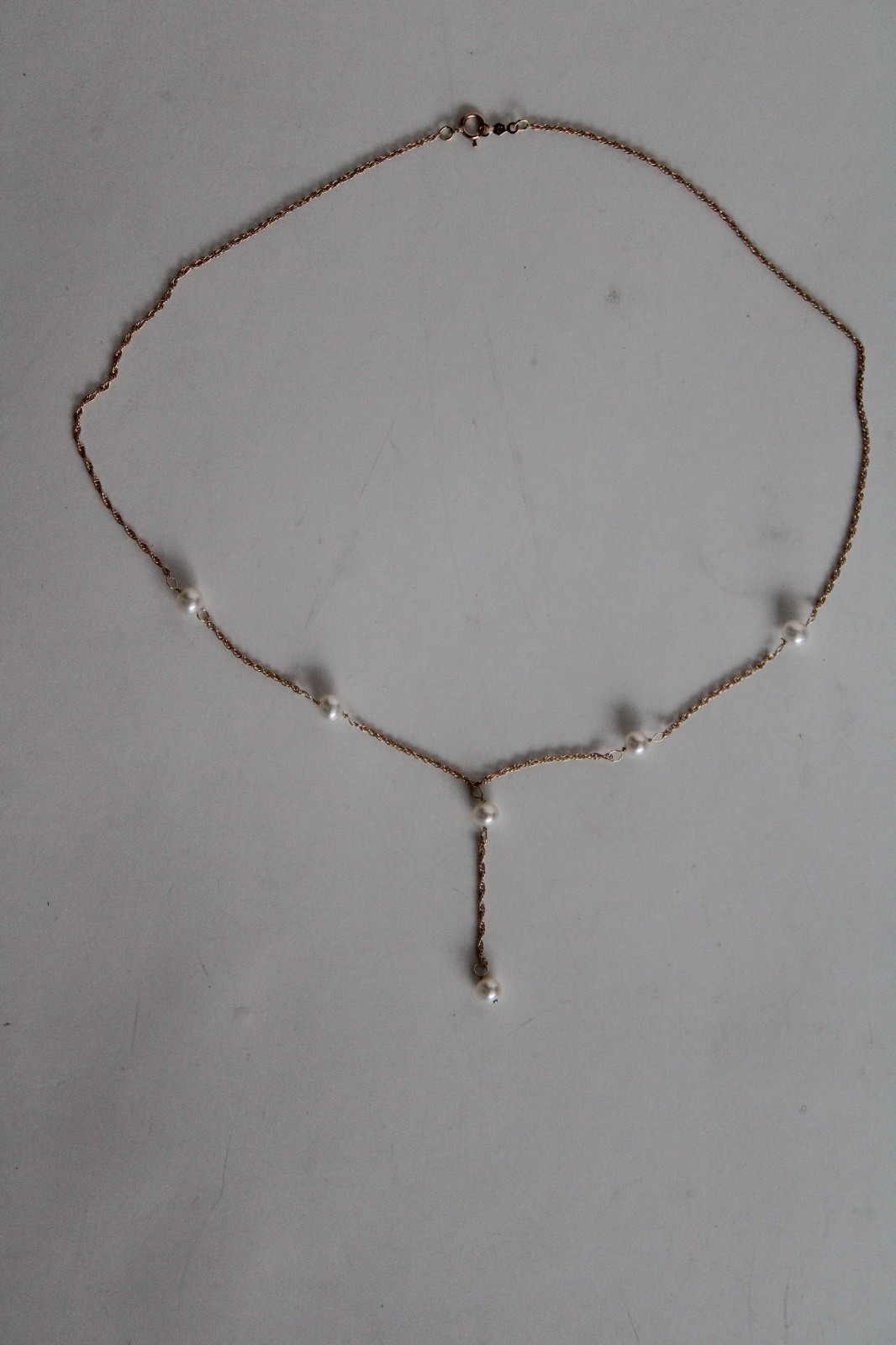 Vintage 14k Yellow Gold & Pearl Y Drop Dangle Necklace, HZ (16.25″)