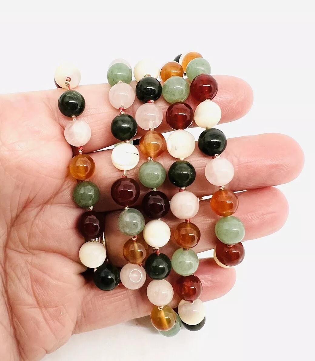 Sterling Silver Carved Multi Gemstone Beaded Necklace 67gm 32 in Vintage Jewelry