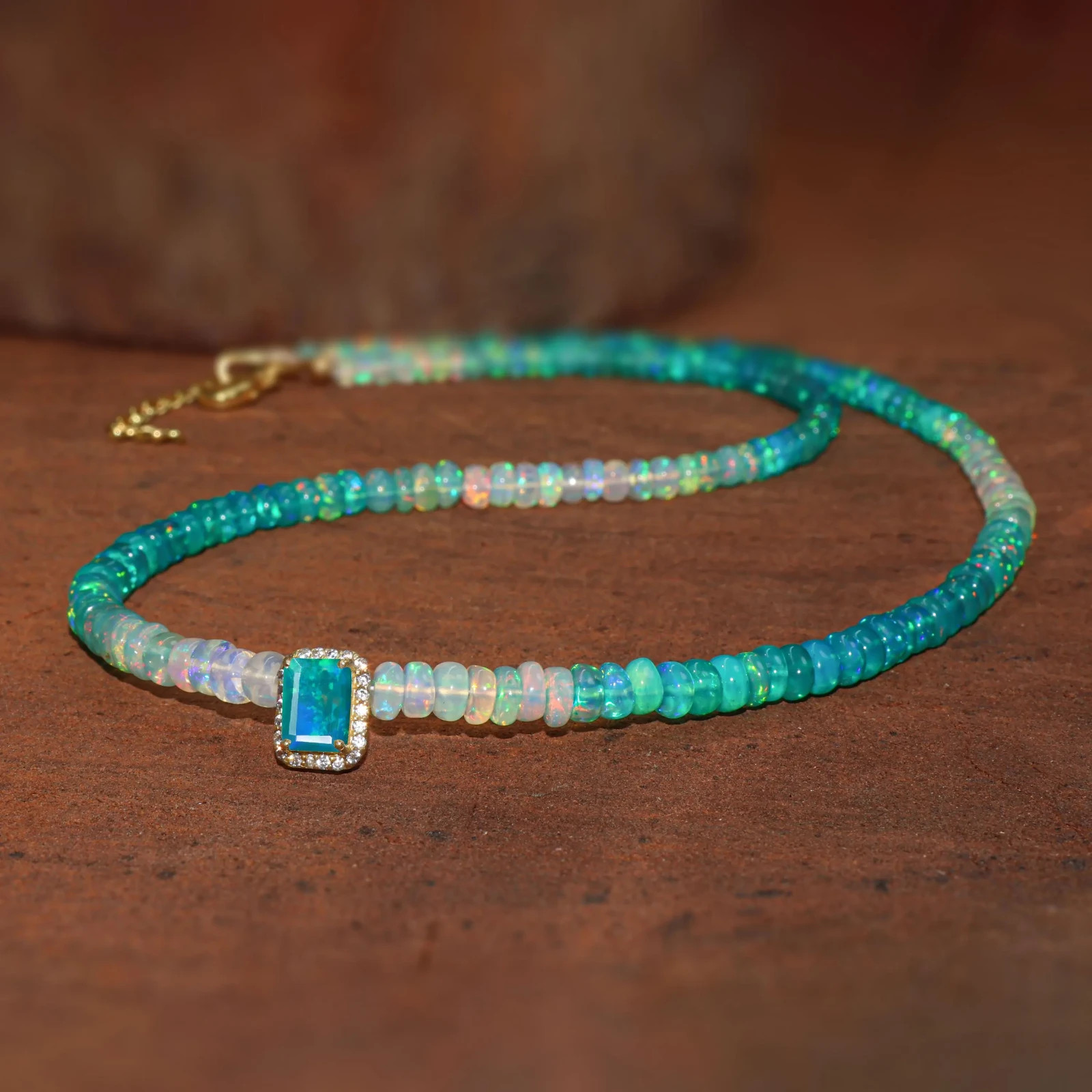 Fire Green Opal Gemstone Smooth Beaded Charm Necklace, Opal Octagon Necklace