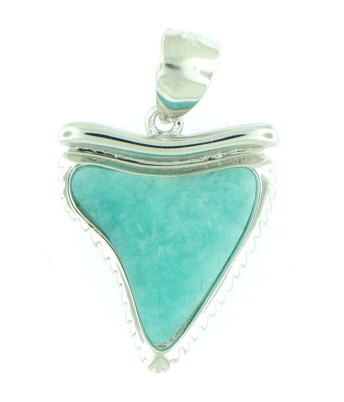 Solid 925 Sterling Silver Natural Amazonite Gemstone Women’s Shark Tooth Pendant