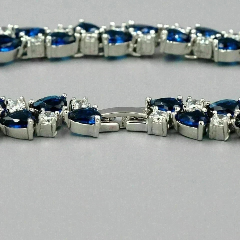 16Ct Pear Cut Lab Created Sapphire Women’s Tennis Necklace 14k White Gold Finish
