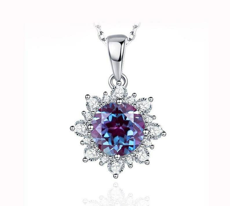 Round Alexandrite Necklace June Birthstone Color Changing Pendant Silver Pendant