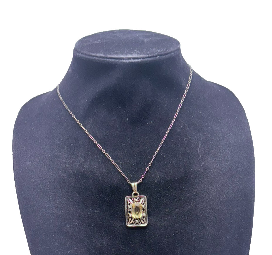 Vintage 835 German Silver Paperclip Chain with Yellow Topaz Pendant 20″