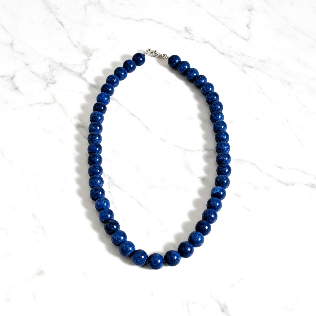 Natural Lapis Lazuli 18″ Beaded Necklace 925 Sterling Silver Lobster Clasp
