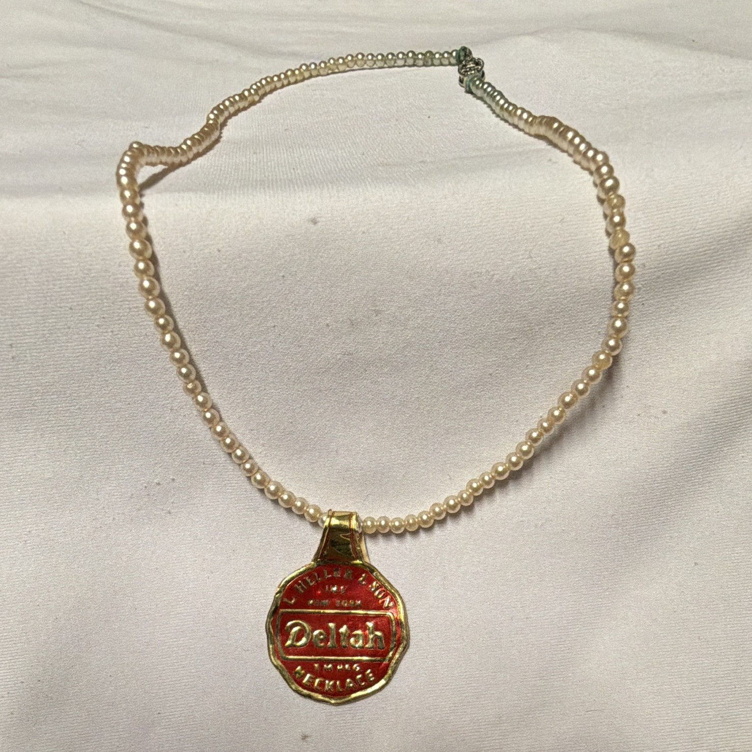 Vintage Deltah Simulated Pearl Necklace Sterling Rhinestone Clasp Original Tag