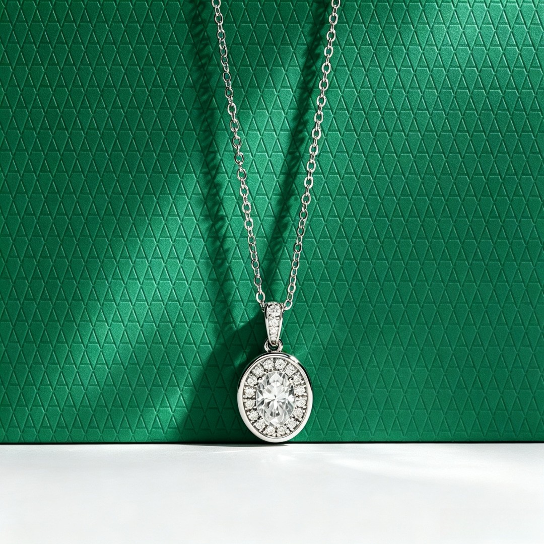 Solid 925 Sterling Silver 1ct Moissanite Halo Oval Moissanite Necklace 18 inches