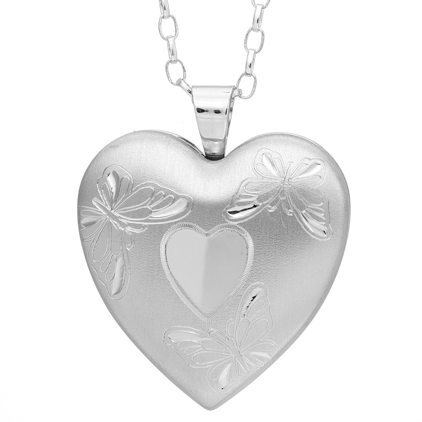 Sterling silver butterfly family heart shaped locket pendant with 18 inch chain