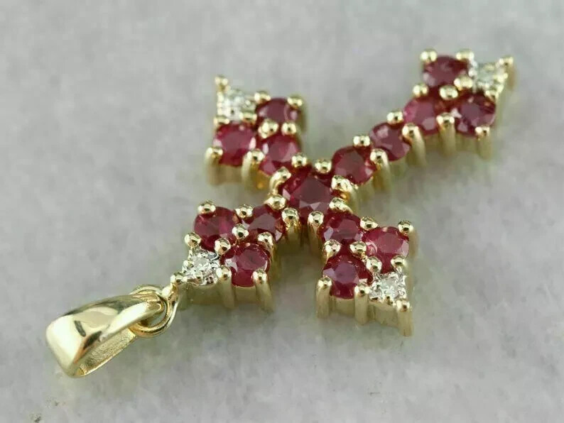 2.00 Ct Round Cut Red Ruby & Diamond Cross Pendant 14k Yellow Gold Over