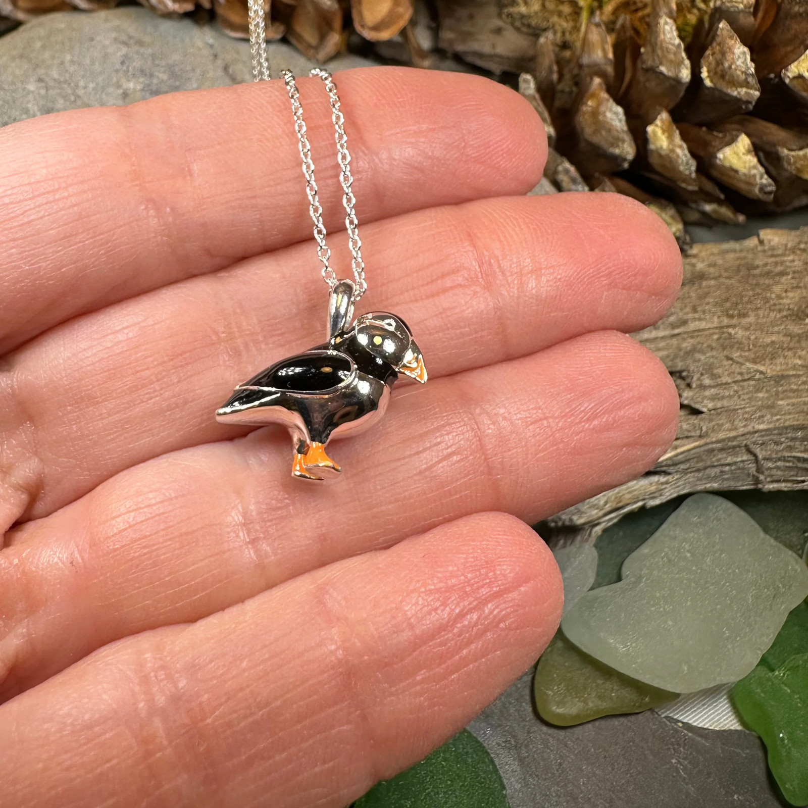 Enamel Puffin Necklace in Sterling Silver 925 Ladies Bird Pendant W/CHAIN
