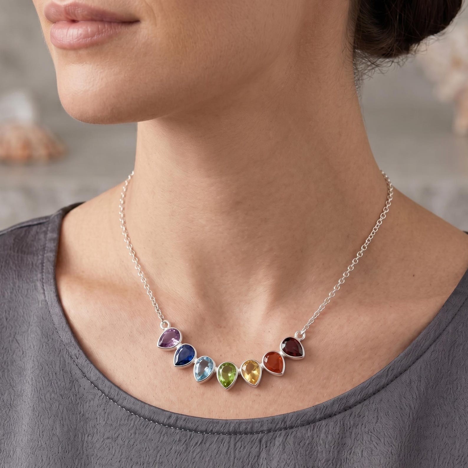 Multi Color Rainbow Gemstone Pendant 925 Sterling Silver Chain Necklace Jewelry