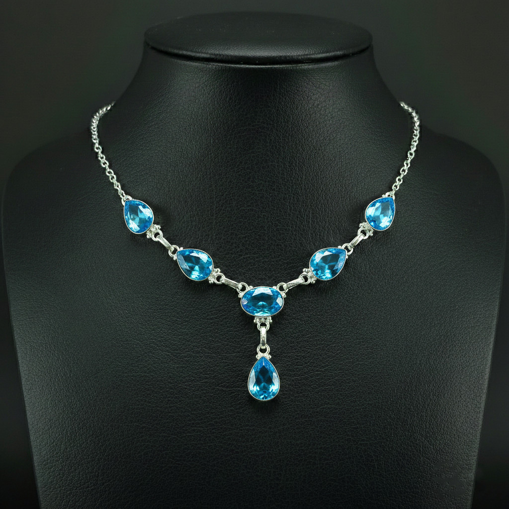 Blue Topaz Gemstone 925 Sterling Silver handmade Gift Necklace 18″