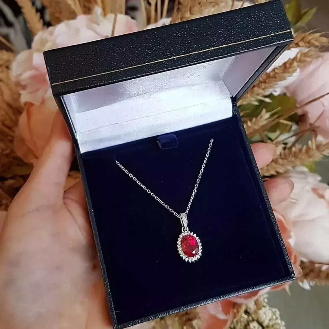 3Ct Oval Cut Red Ruby & Diamond Halo Pendant With Free Chain 14K White Gold Over