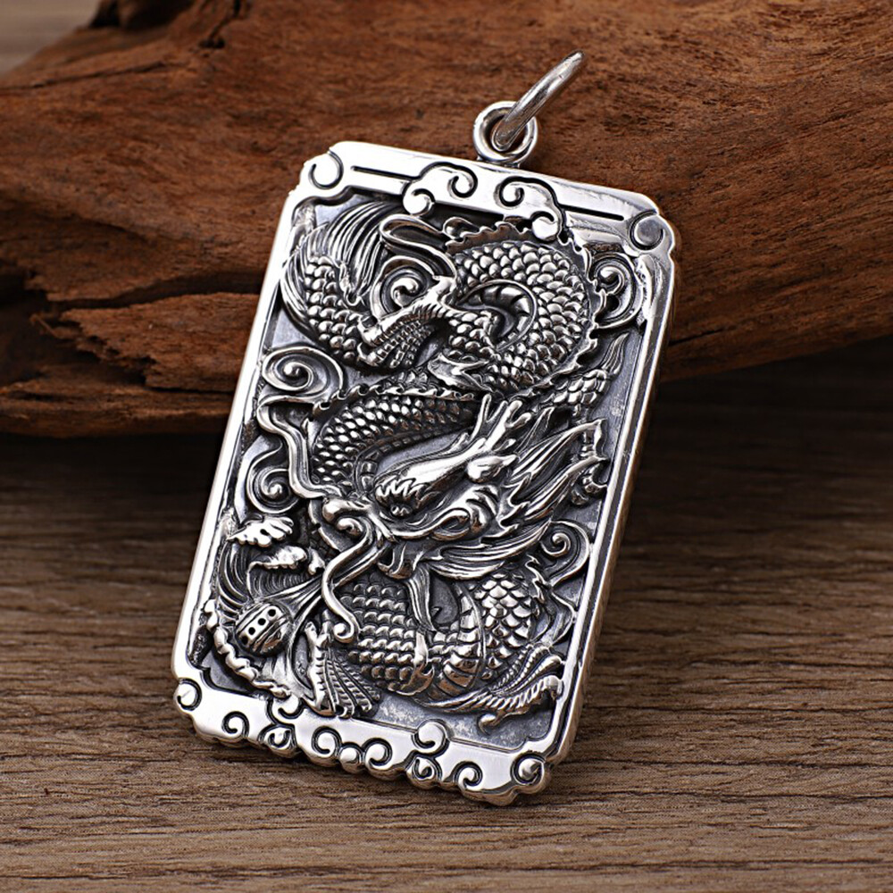 Real 999 Fine Silver Men’s Pendant Powerful Dragon Pattern Rectangle Pendant