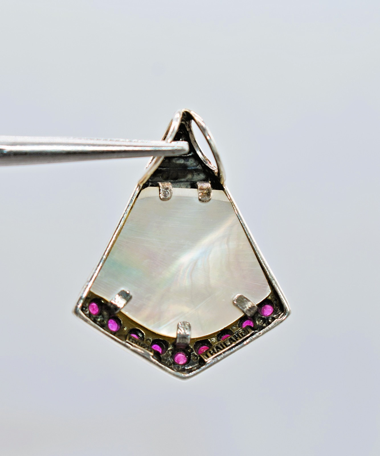 Mother of Pearl & Rubies Sterling Silver Thailand Pendant 1-1/2 inch