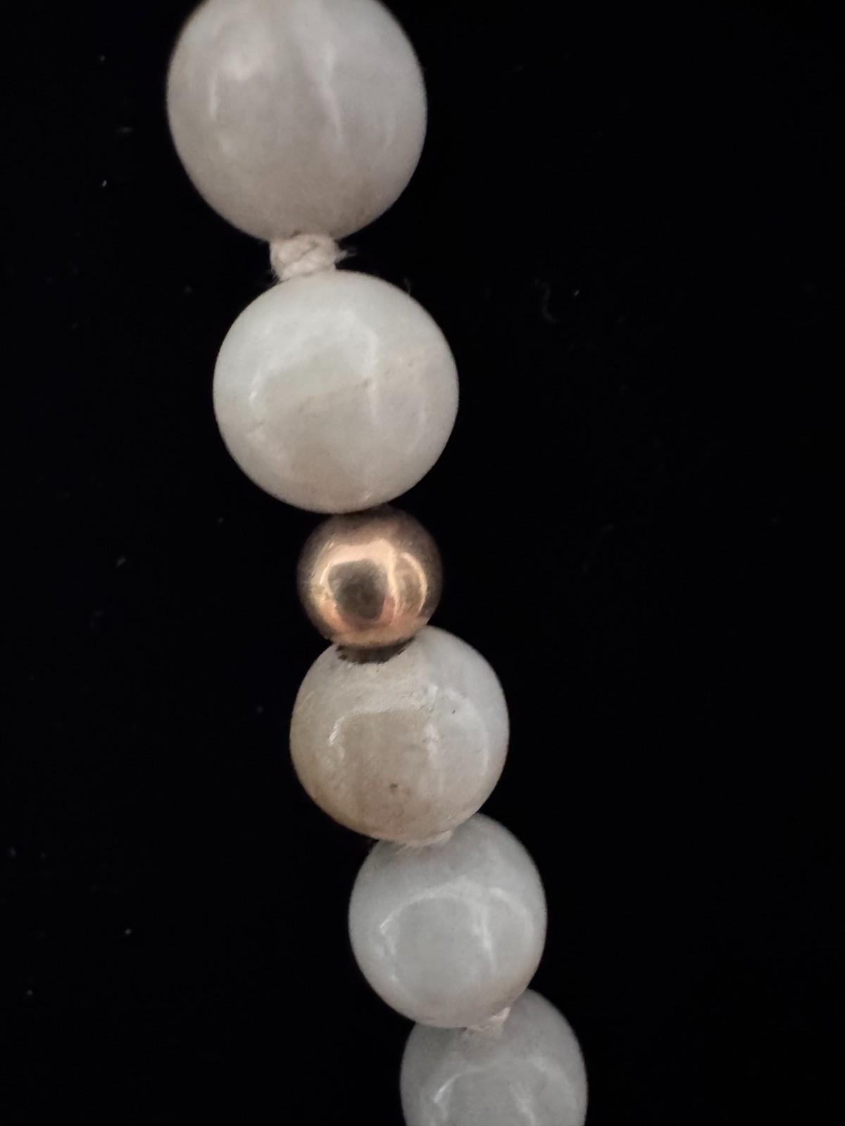 Vintage 33″ White Celadon Jade Bead Necklace 14K Gold Accents Hand Knotted 109g