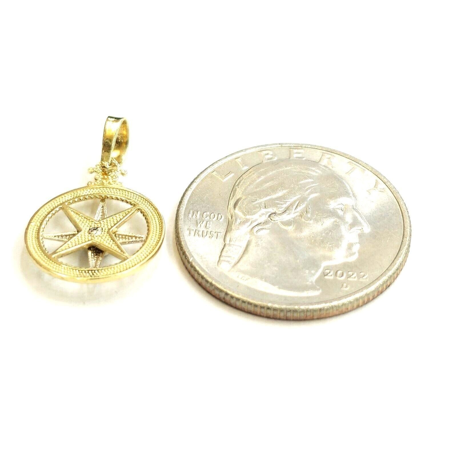 14k two tone Gold Tiny round compass pendant charm Gift fine jewelry 0.55″ 1g