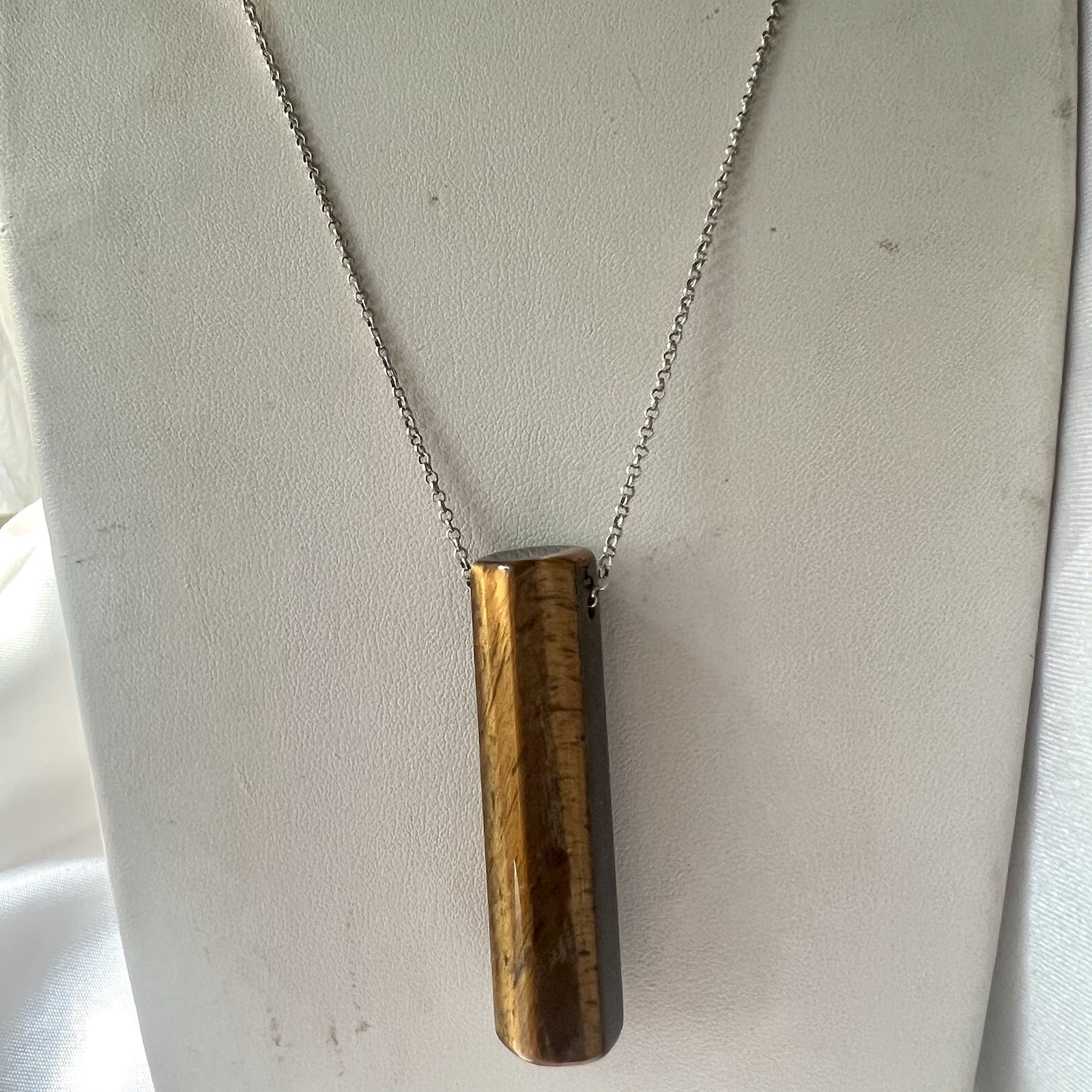 925 Sterling Silver Natural Tiger’s Eye Bar Pendant Necklace 22” Modern 19g
