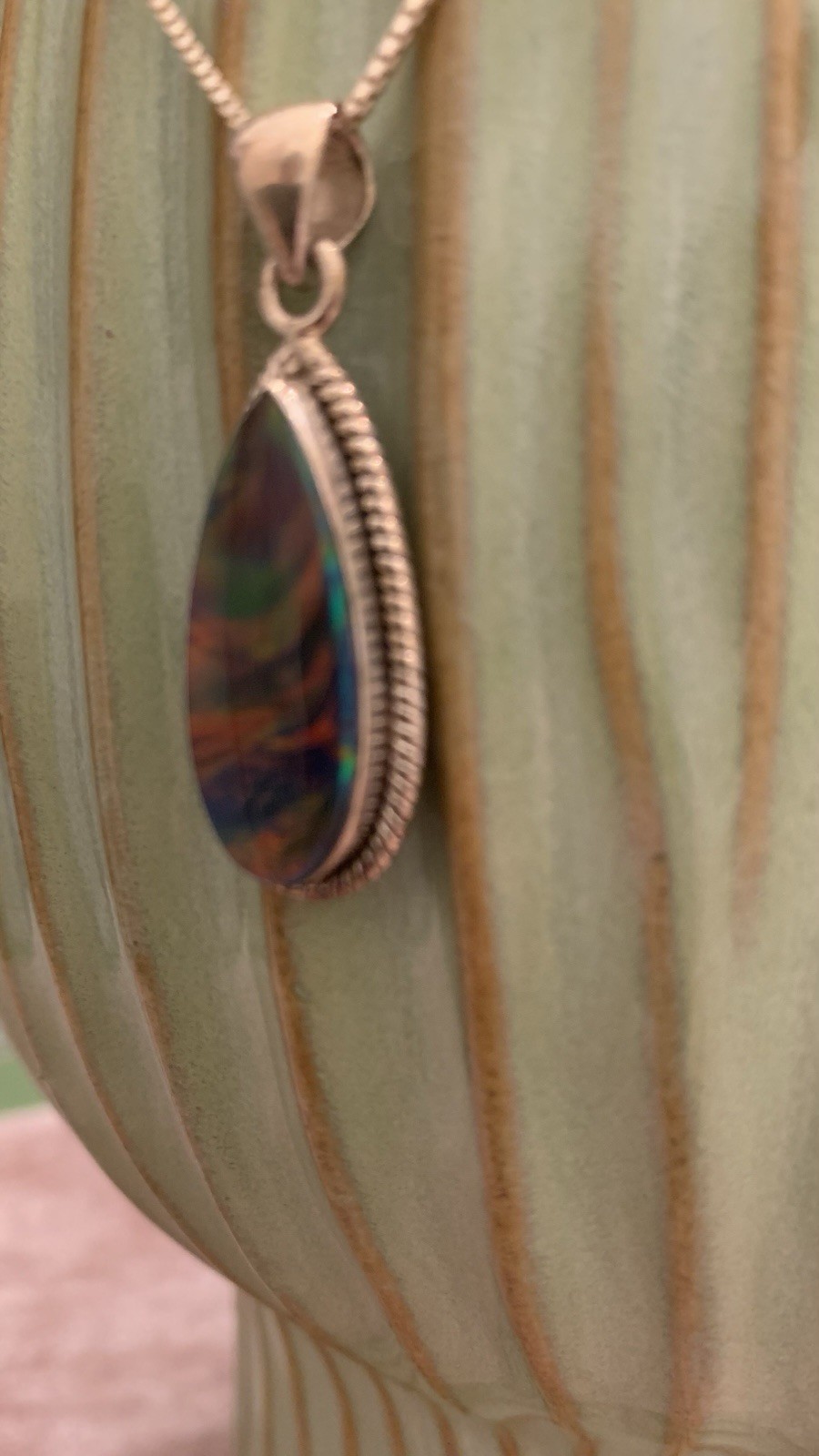 Teardrop Multicolor Rainbow Green Orange Fire Pendent With Chain 925 Italy