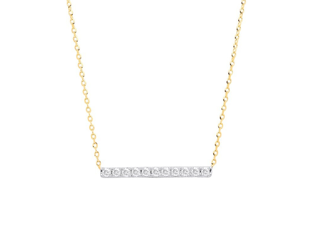 9ct Yellow Gold 0.20ct Diamond Bar Necklace (chain 16-17″) Made in London