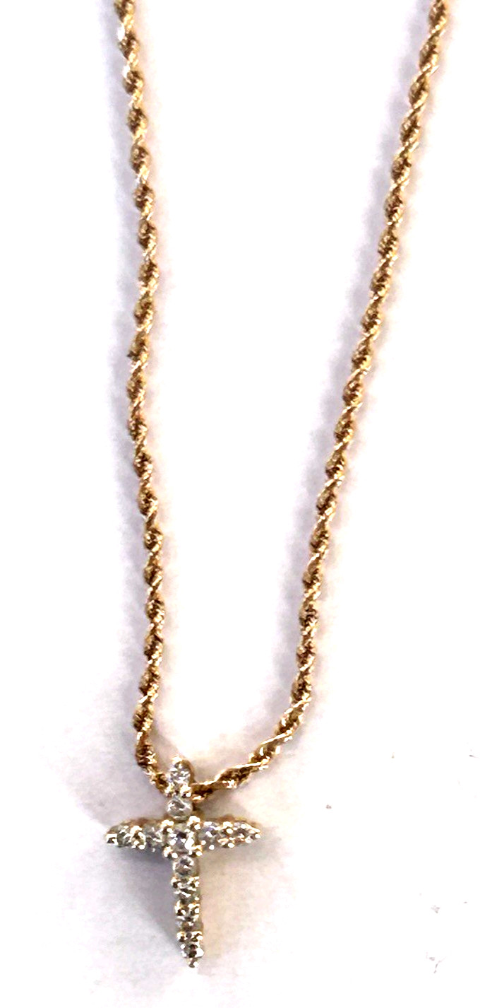 14 Karat Gold Diamond Cross Pendant & Chain Stamped 14K With IGI Summary Report