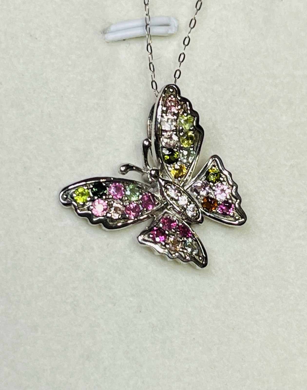 925 Sterling Silver Tourmaline Pink Green Blue Yellow Butterfly Pendant Necklace