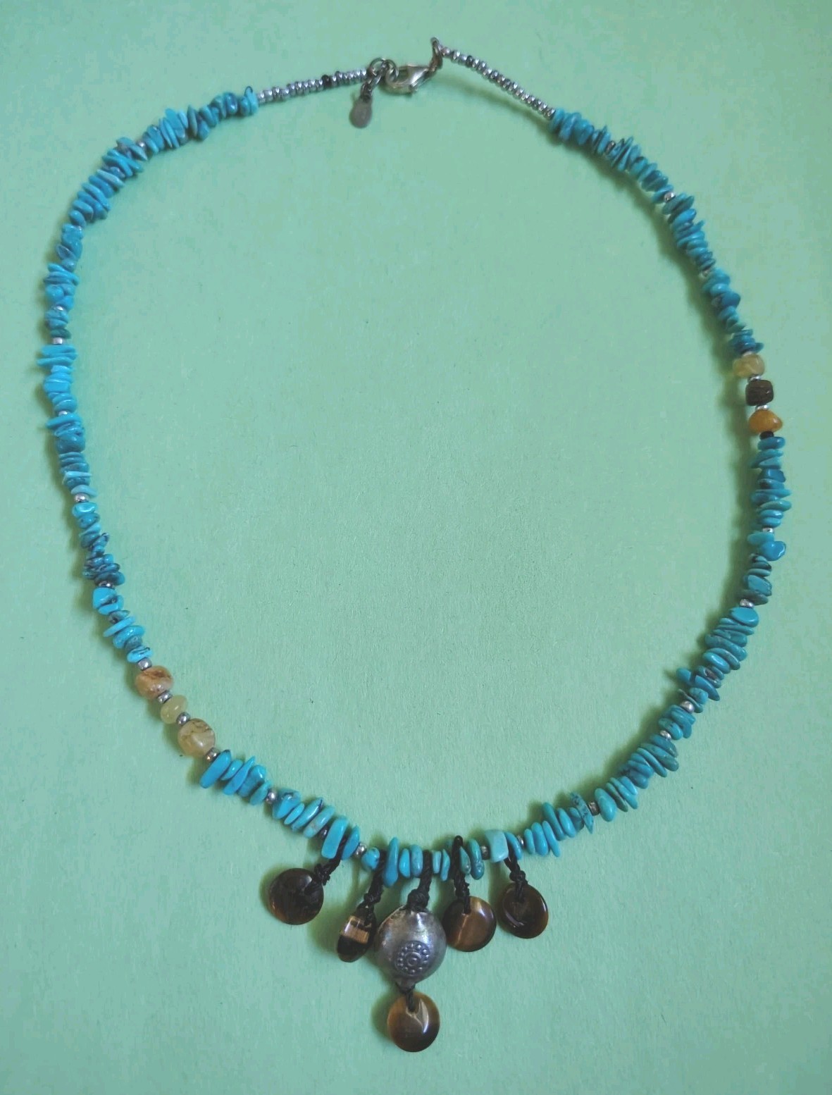 PEYOTE BIRD Signed 925 TURQUOISE, Tiger’s Eye & Quartz Beaded Choker Necklace