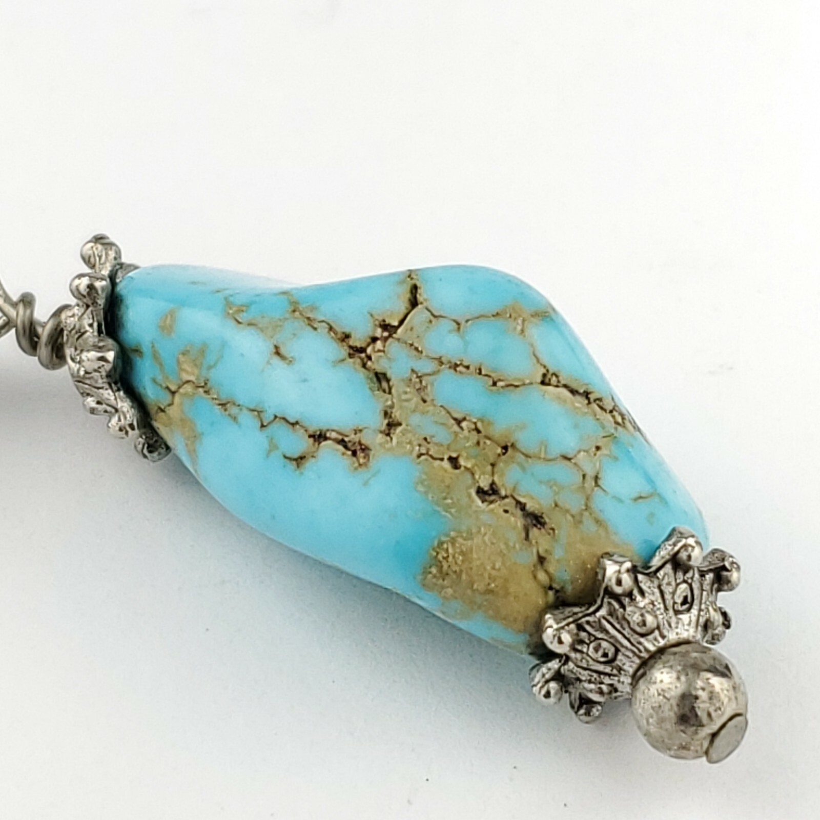 Handmade Turquoise Stone Nugget Charm Pendant Silver Tone Metal Lobster Clasp 2″