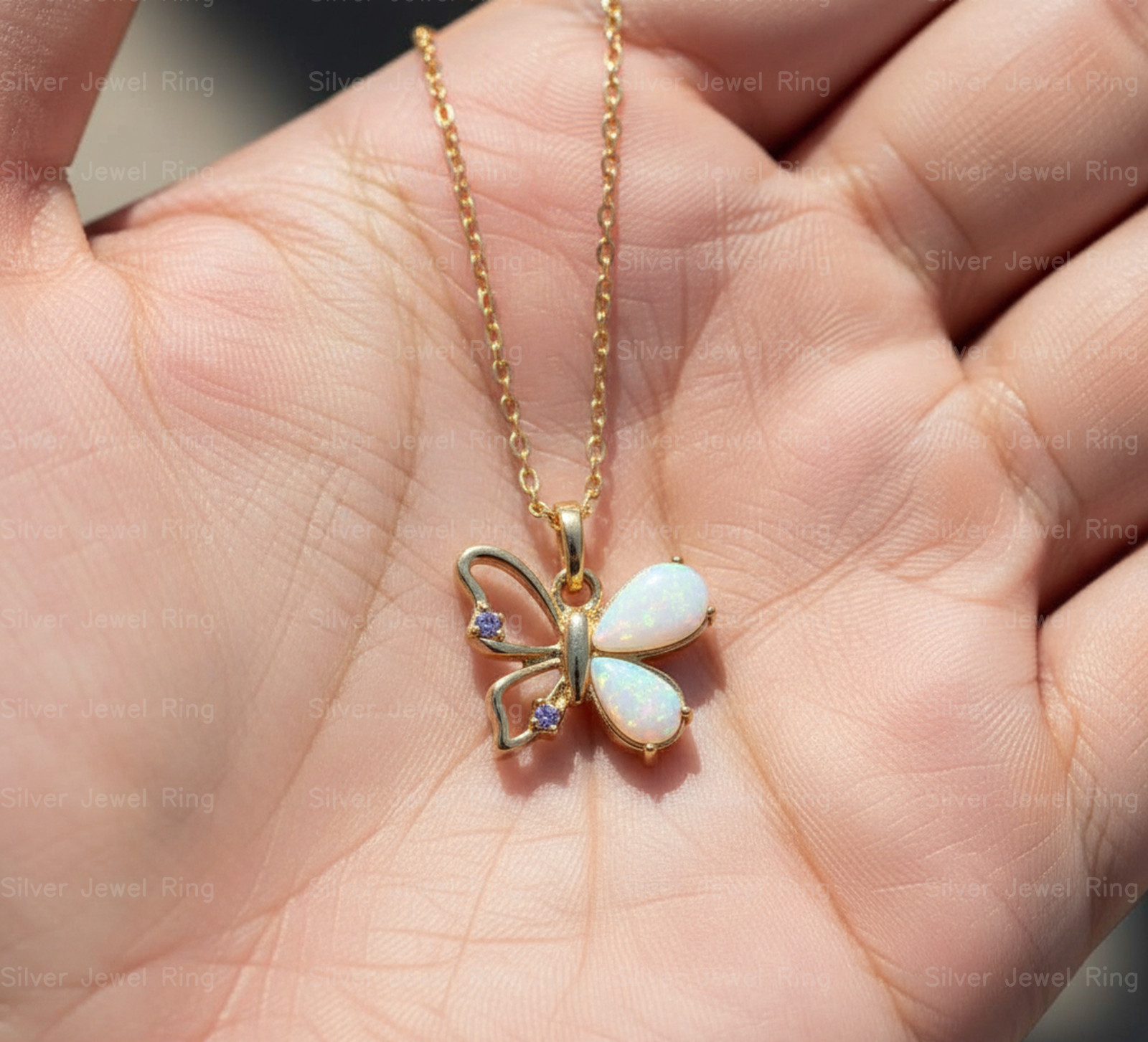 Silver Jewel Ring 925 Sterling Silver White Opal Butterfly Pendant Necklace Her