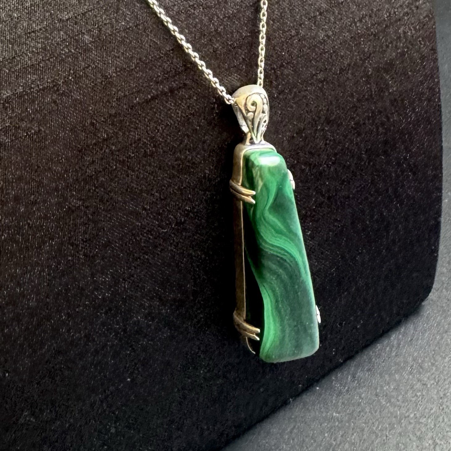 Large Malachite Pendant Statement Necklace Sterling 925BBJ Modernist Green Stone