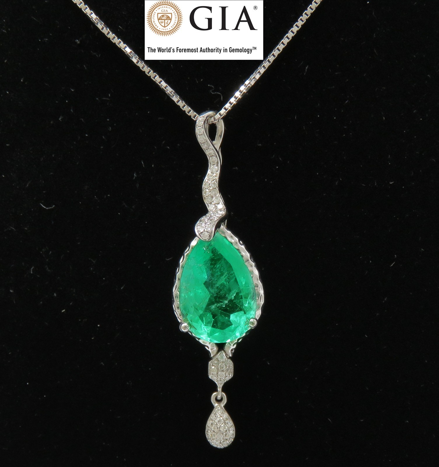 NYJEWEL GIA Certified White Gold 3.73ct Emerald 55 Diamond Pendant Necklace 18″